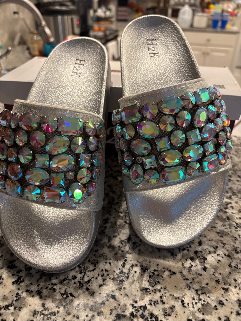 Sparkling Silver Crystal-Embellished Slide Sandals